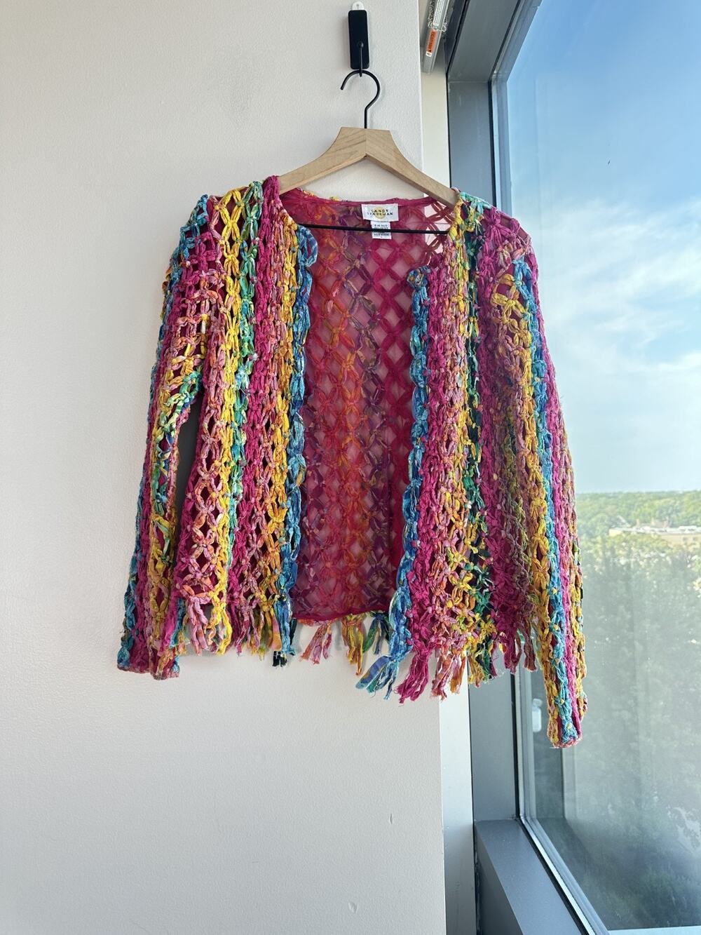 Vintage Sandy Starkman Colorful Woven Ribbon Fringe Open Front Cardigan Sz L